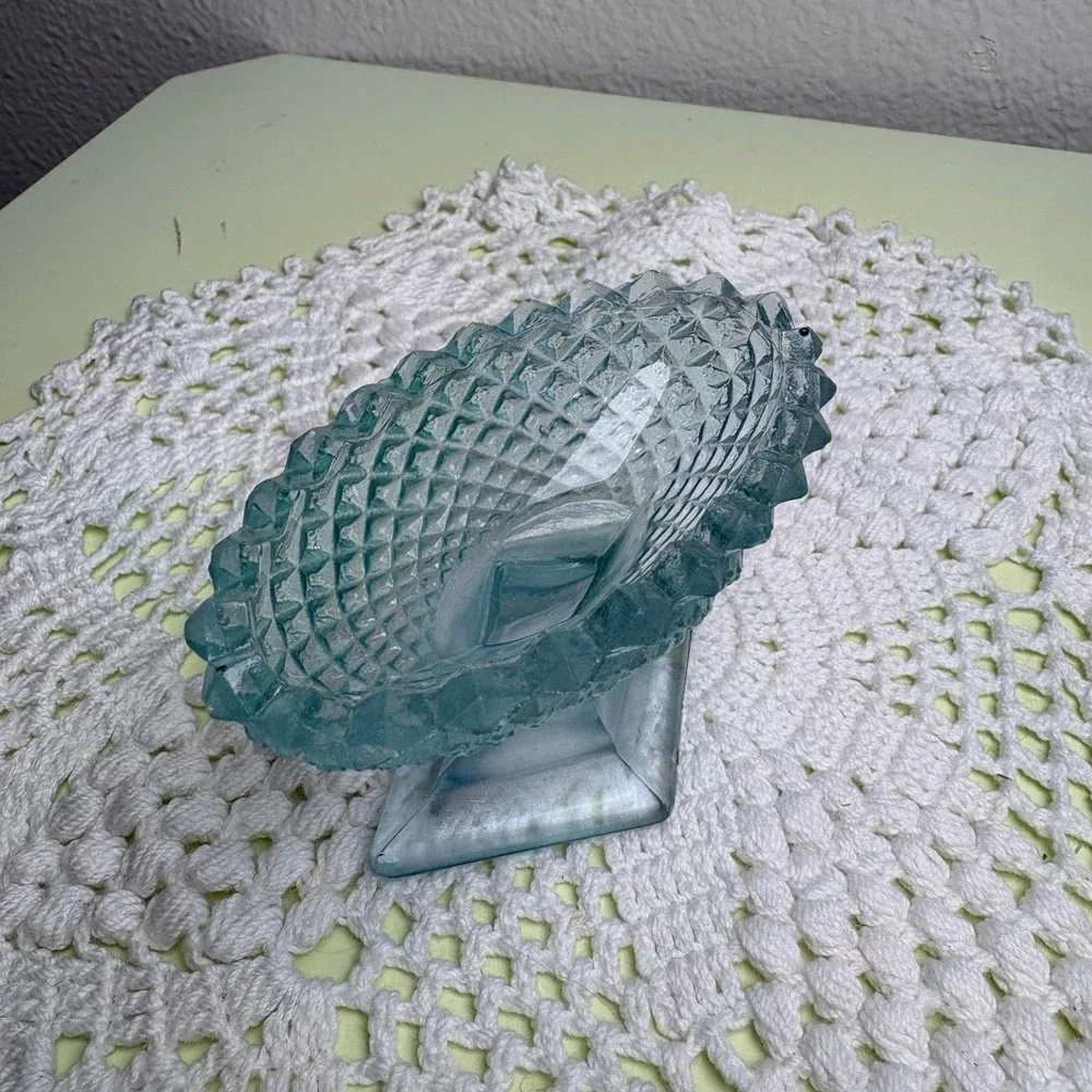 Vintage Blue Salt Dip Dish Trinket Dish Cottagecore Diamond Point Pressed Glass